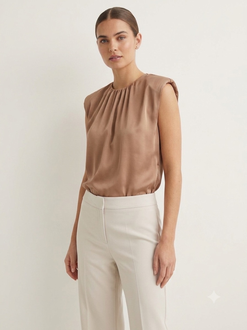 H&M Sleeveless Gathered Neck Satin Top in Camel size Large